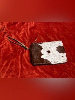 Myra Bag Brown and White Cowhide Wristlet Clutch with Leather Strap